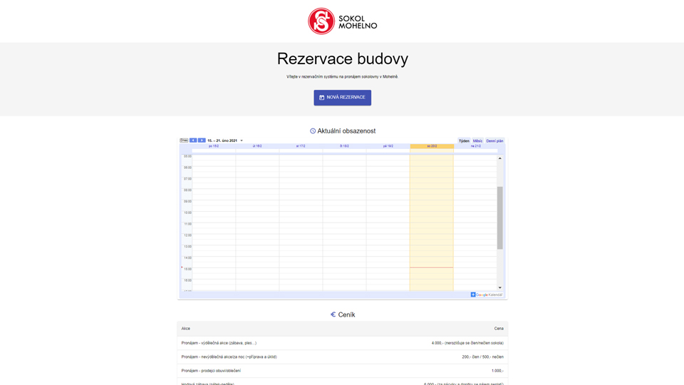 Rezervační systém budovy Sokol Mohelno